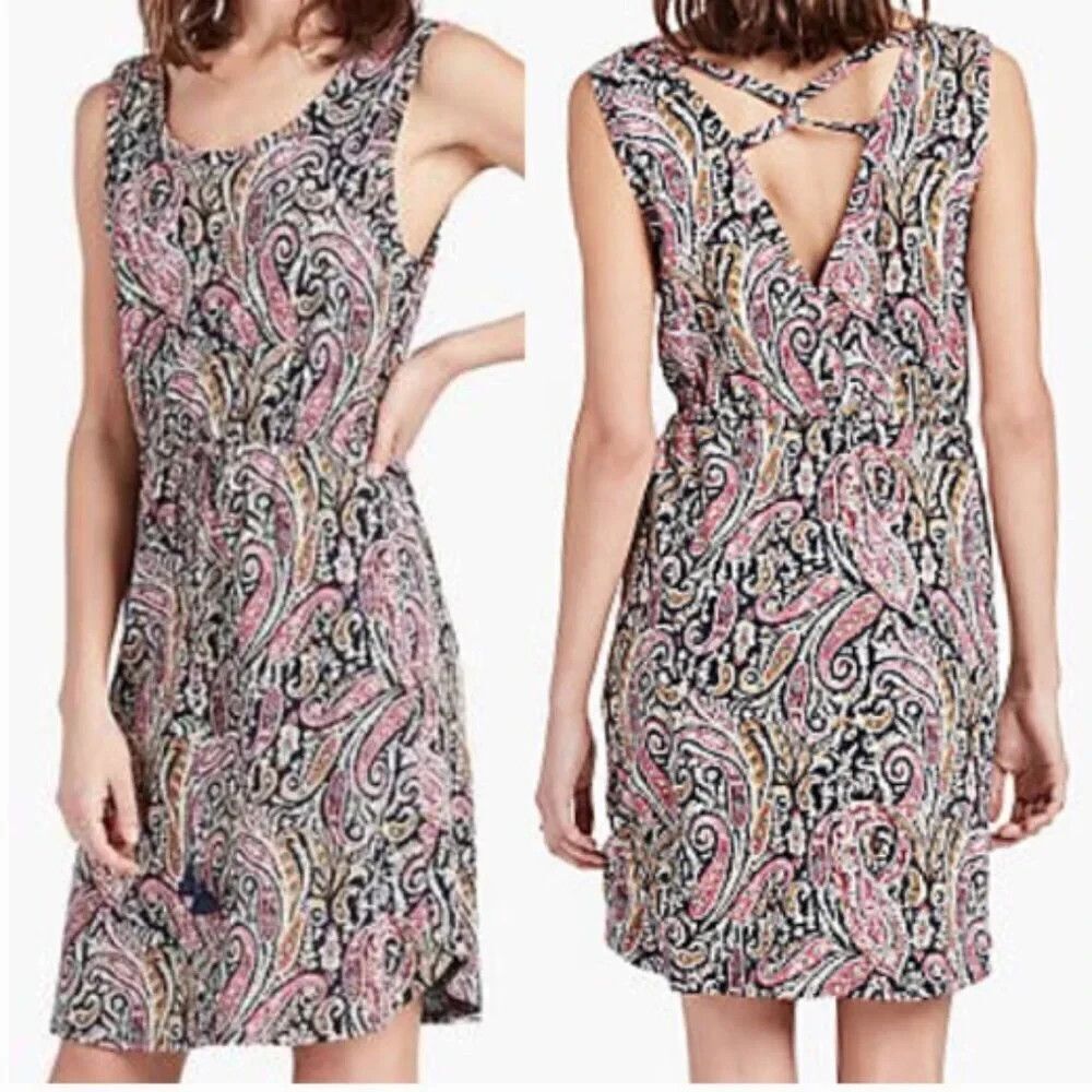 Lucky Brand Verna Navy Paisley Linen Blend Open Back Short Dress Sz L